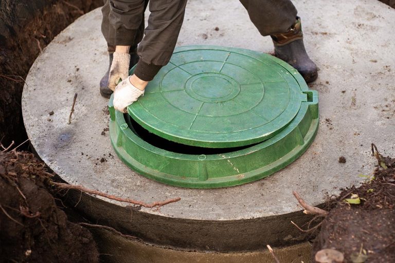 A worker installs a grease trap cover for restaurant