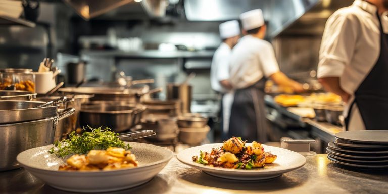 In a busy restaurant kitchen, chefs skillfully prepare a range of delicious dishes together