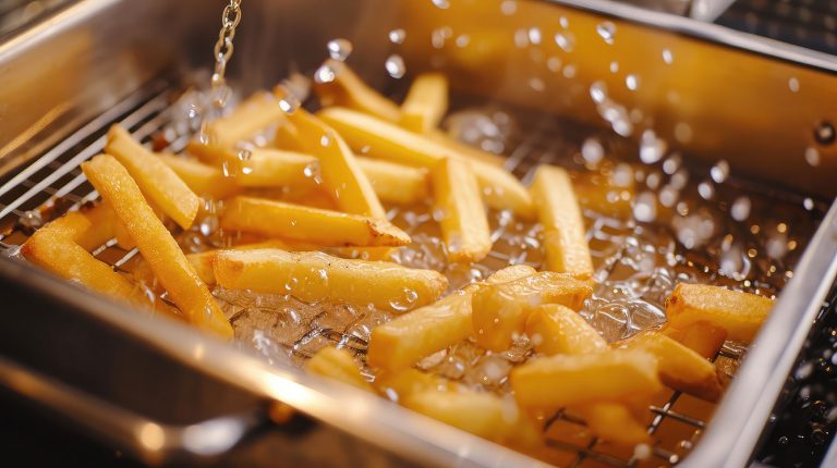Fryers cooking with restaurant oil making tasty french fries in a commercial kitchen