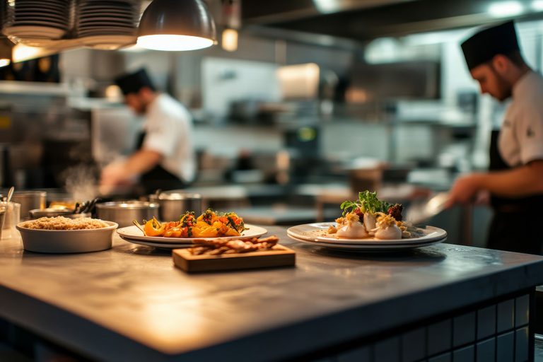 Busy commercial kitchen with freshly made food showing in the commercial kitchen pickup window