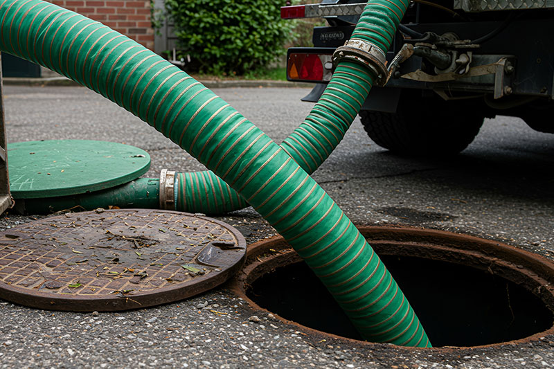 Grease Trap Pumping Truck with green hose pulling grease from interceptor