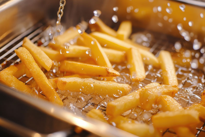 fryer with french fries in used cooking oil